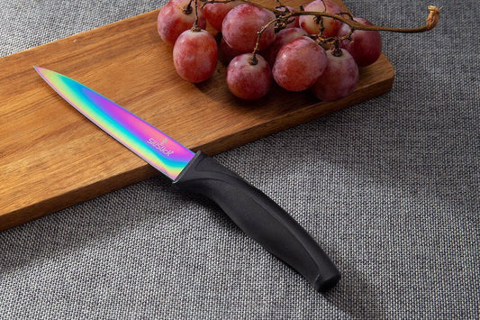 Steak Knife Set 6 Rainbow Titanium Coated Hyphy Blades & Black King Handles