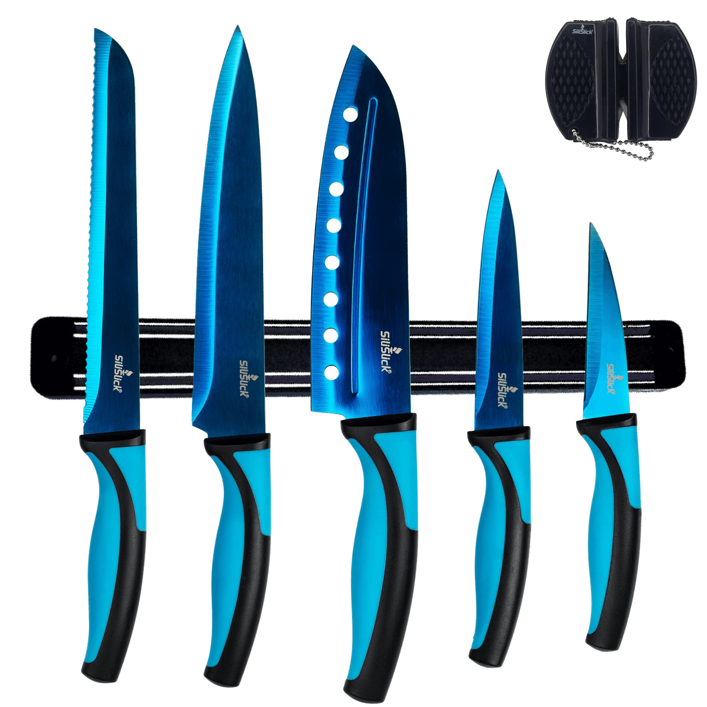 KING Kitchen Knife Set Kit & Black Magnetic Rack & sharpener