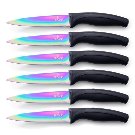 Steak Knife Set 6 Rainbow Titanium Coated Hyphy Blades & Black King Handles